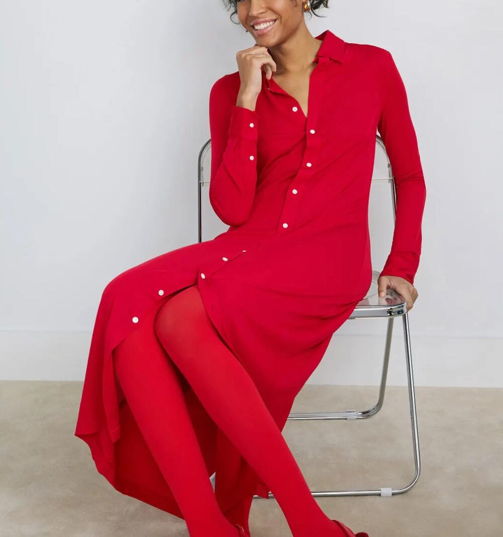 Polo Ralph Lauren Red Midi Shirt Dress MEDIUM Duster Preppy Jersey Designer $300